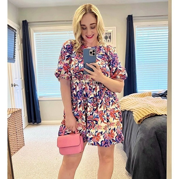 PETER SOM Floral Print Cotton Puff Short Sleeve Crew Neck Babydoll Mini Dress 12 - Picture 6 of 9